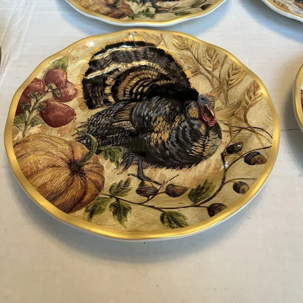 Pottery Barn Fresco Turkey Plates Set Of 4 Salad Plates 9” Turkey Thanksgiving
